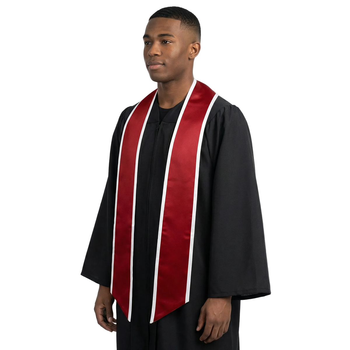 Crimson graduation stole with white trim and slanted ends, shown flat on a white background.
