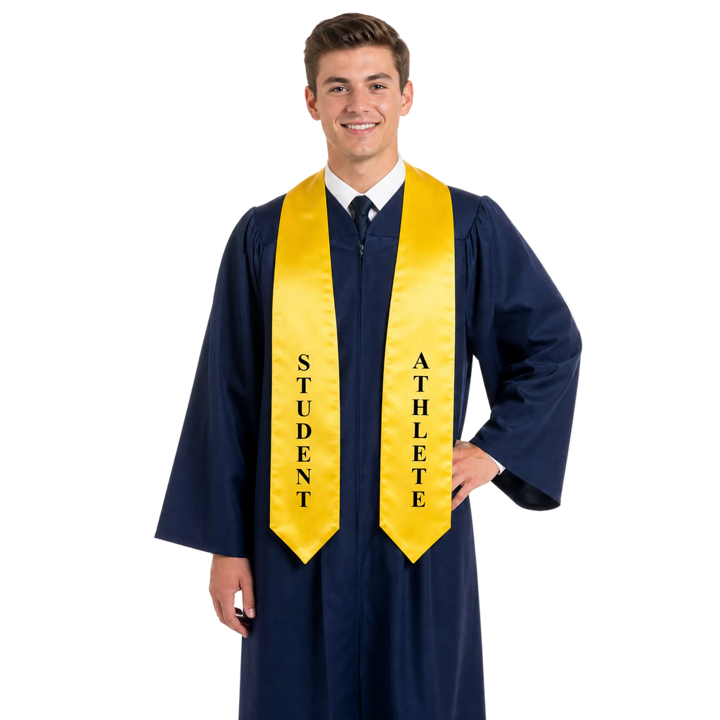 Gold Student Athlete graduation stole with embroidered lettering, worn over a graduation gown