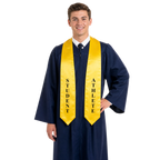 Gold Student Athlete graduation stole with embroidered lettering, worn over a graduation gown