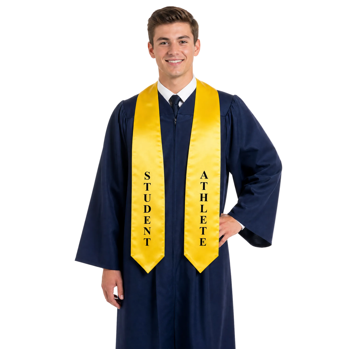 Gold Student Athlete graduation stole with embroidered lettering, worn over a graduation gown