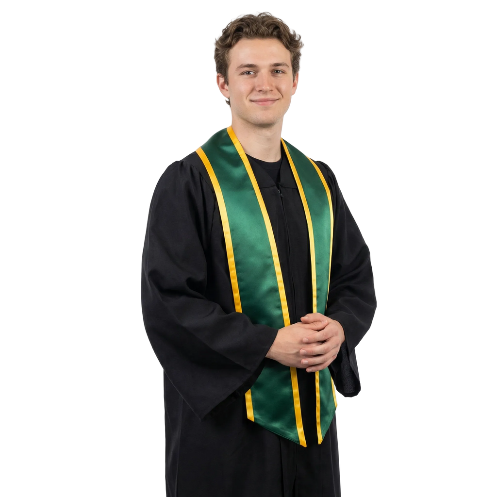 Hunter green graduation stole with gold trim and slanted ends, shown flat on a white background.