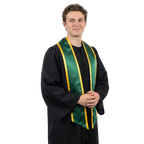 Hunter green graduation stole with gold trim and slanted ends, shown flat on a white background.