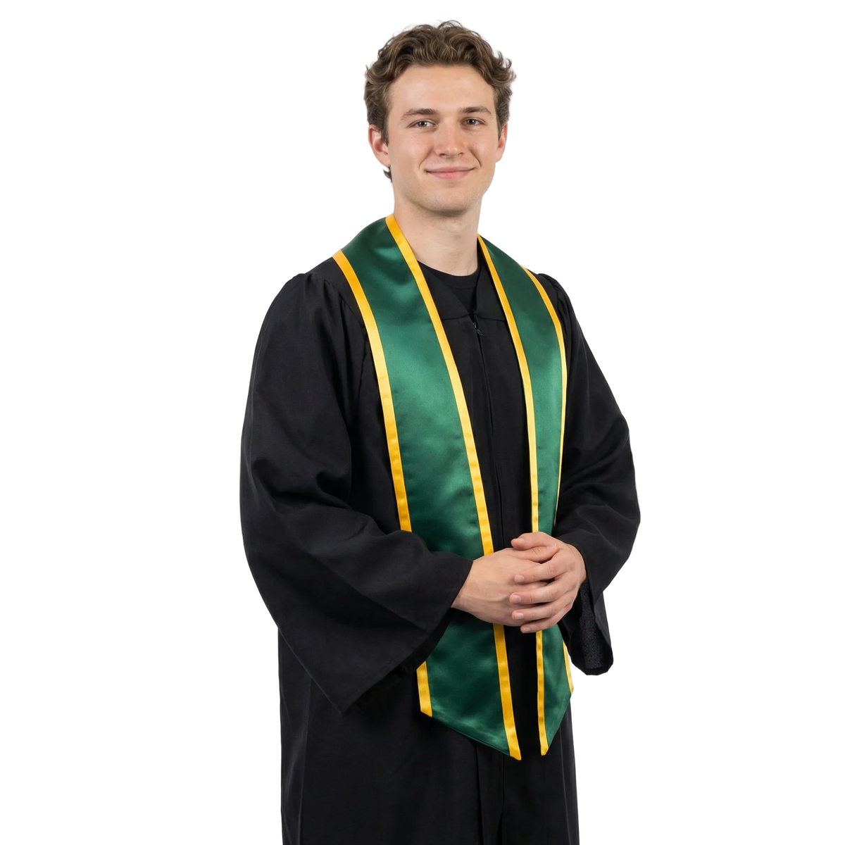 Hunter green graduation stole with gold trim and slanted ends, shown flat on a white background.