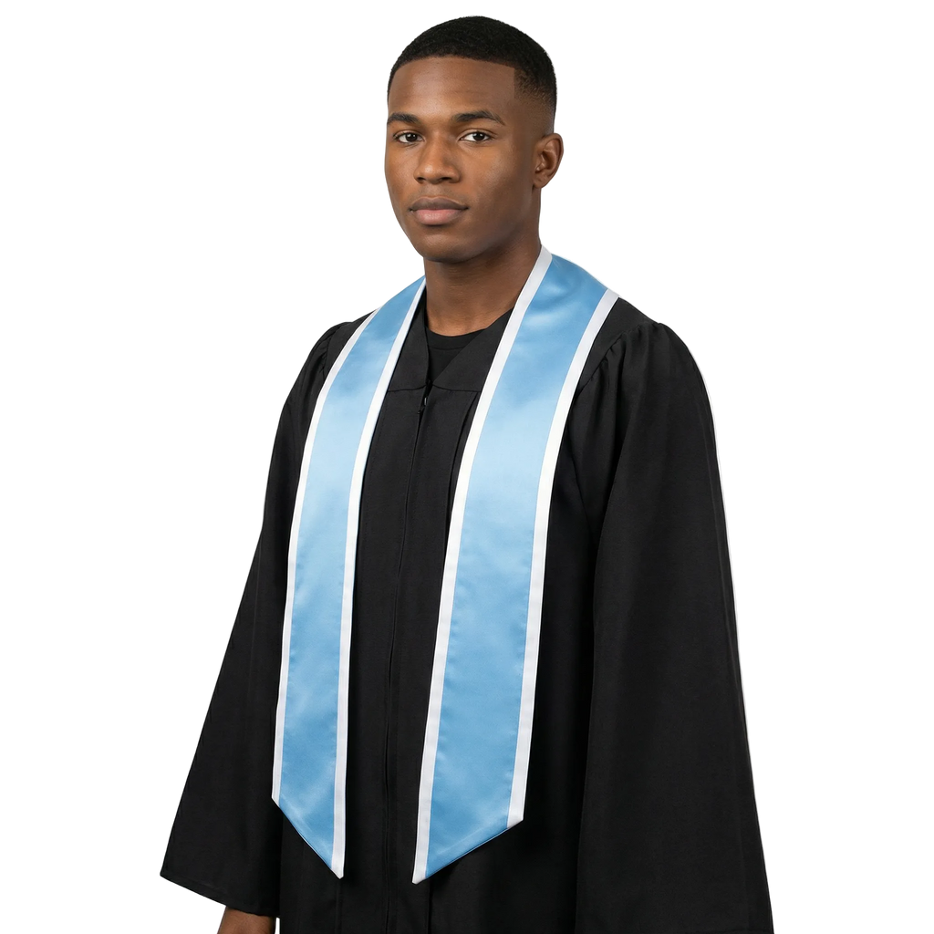 Light blue graduation stole with white trim and slanted ends, shown from the front.