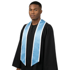Light blue graduation stole with white trim and slanted ends, shown from the front.