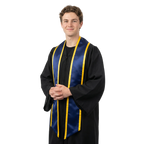 Navy blue graduation stole with gold trim and slanted ends, shown flat on a white background.