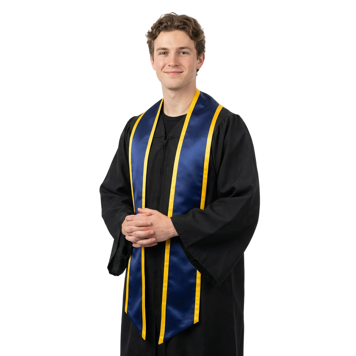 Navy blue graduation stole with gold trim and slanted ends, shown flat on a white background.