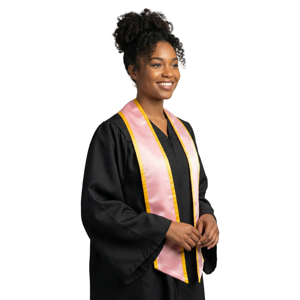 Pink graduation stole with gold trim and slanted ends, shown flat on a white background.