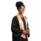 Pink graduation stole with gold trim and slanted ends, shown flat on a white background.