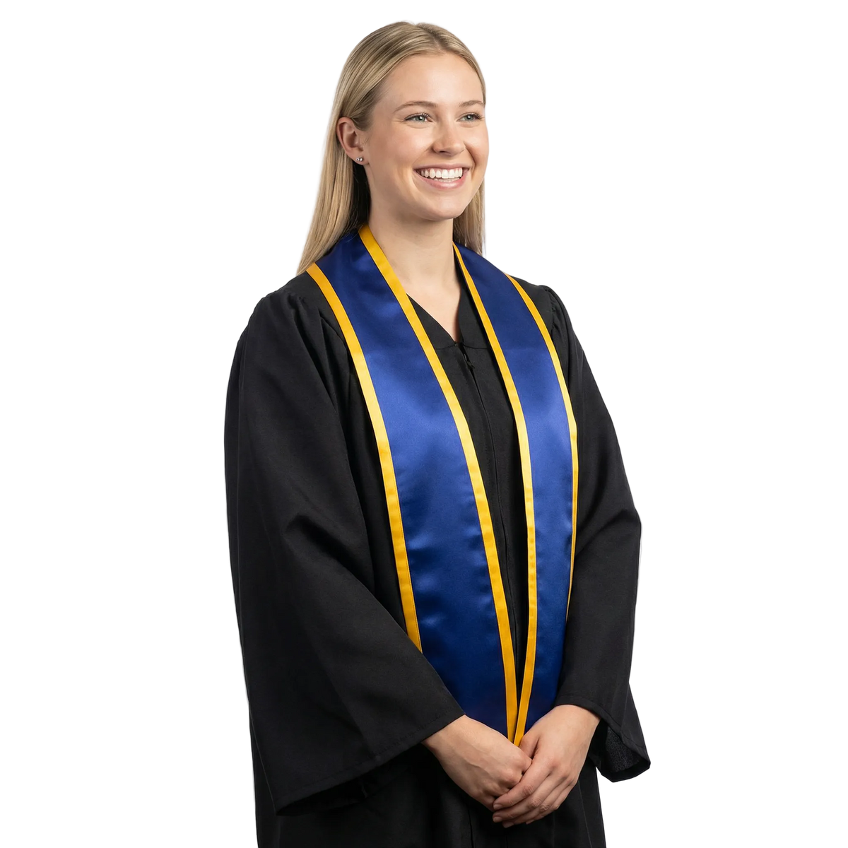 Royal blue graduation stole with gold trim and slanted ends, shown from the front.