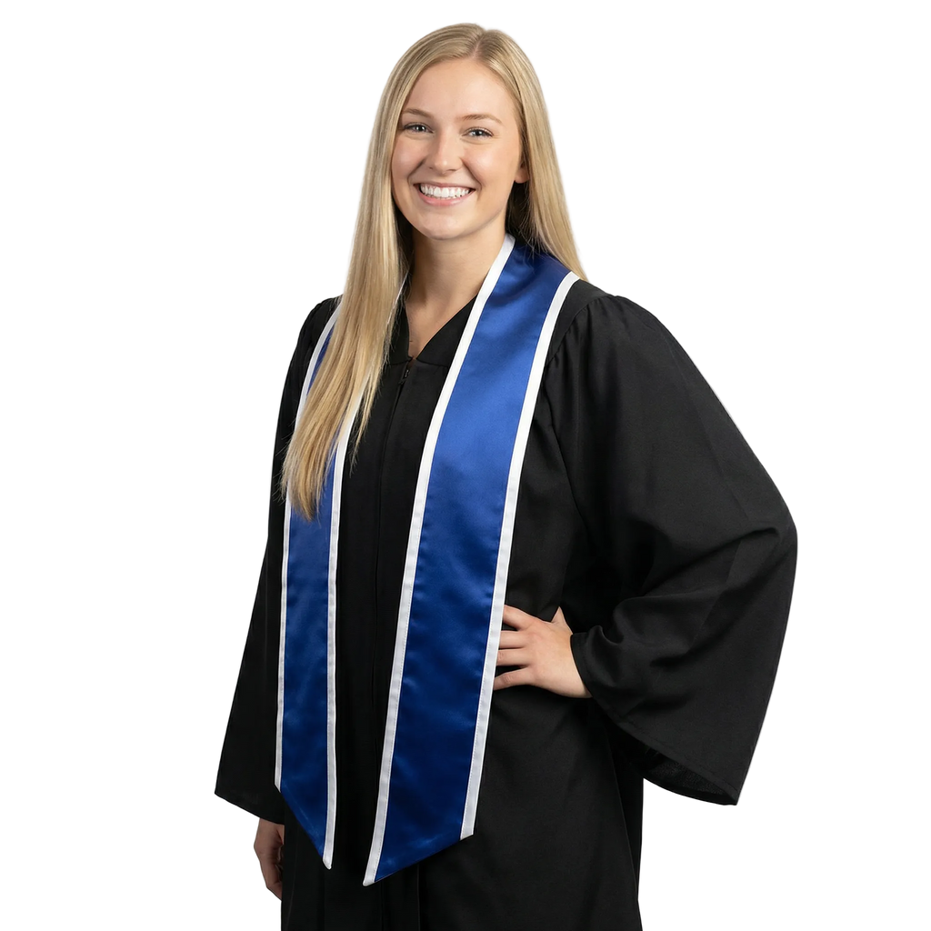 Royal blue graduation stole with white trim and slanted ends, shown flat on a white background.