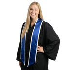 Royal blue graduation stole with white trim and slanted ends, shown flat on a white background.