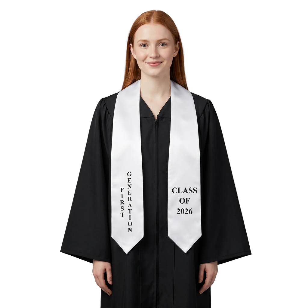 Graduate wearing a white First Generation 2026 graduation stole