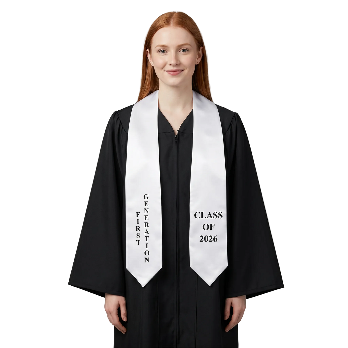 Graduate wearing a white First Generation 2026 graduation stole