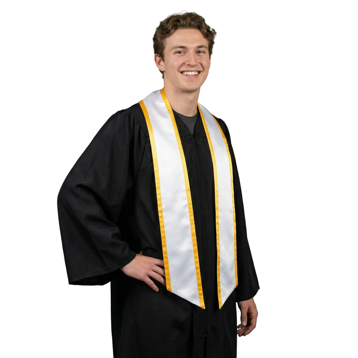 White graduation stole with gold trim and slanted ends, shown from the front.