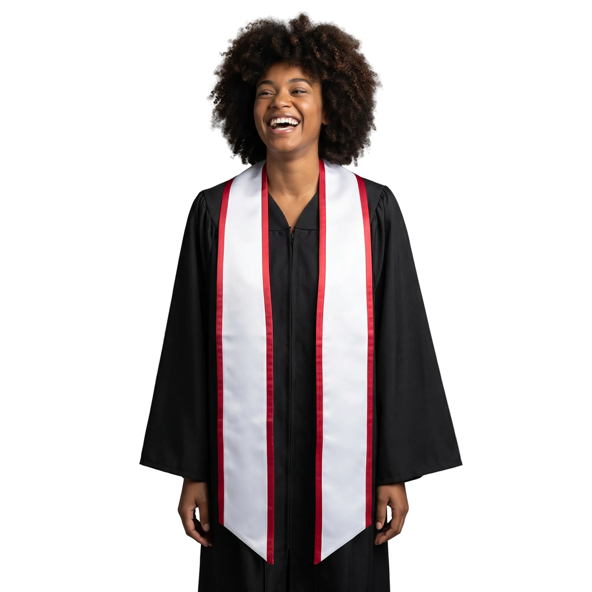 White graduation stole with red trim and slanted ends, shown from the front.