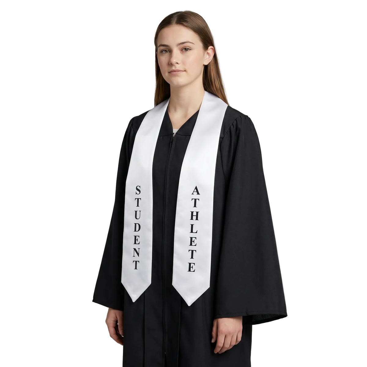 White Student Athlete graduation stole with embroidered lettering, worn over a graduation gown
