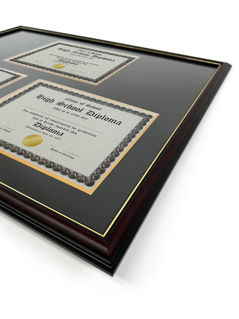 Triple Document Graduation Diploma Frame in Real Wood Glossy Cherry with Gold Trim, Fits 8.5" x 11" Certificate