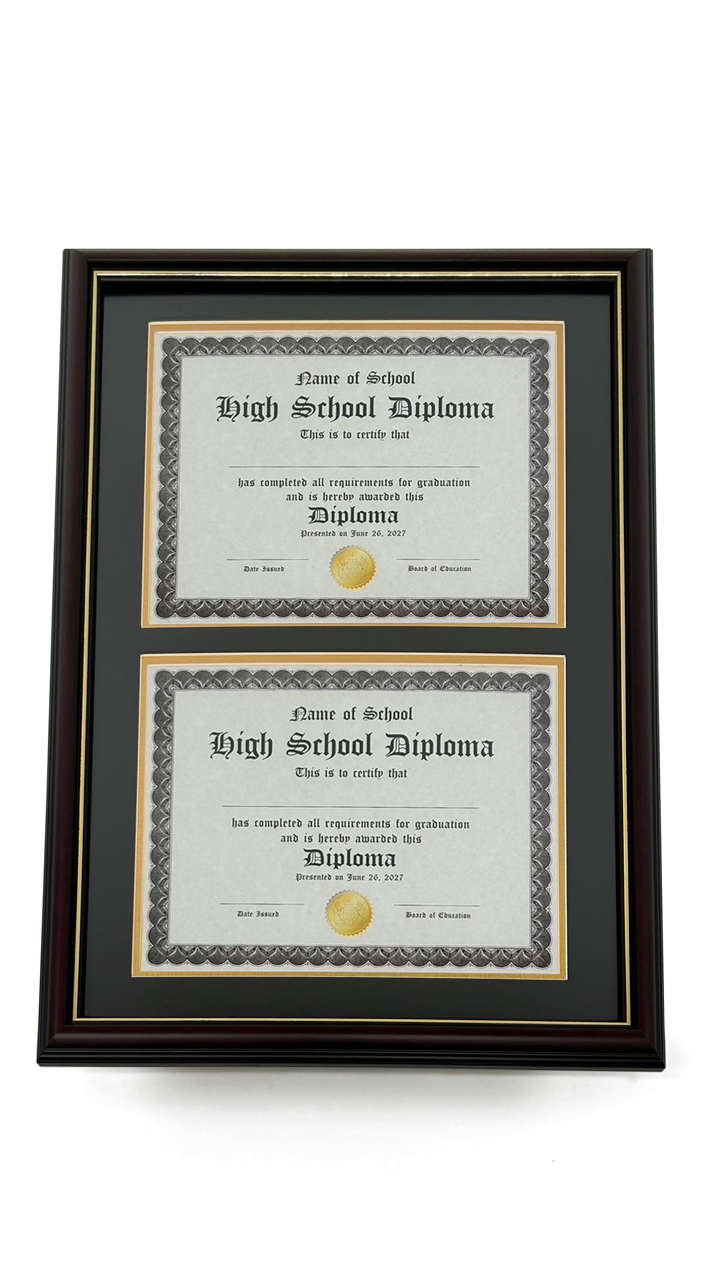 Double Document Graduation Diploma Frame in Real Wood Glossy Cherry with Gold Trim, Fits 8.5" x 11" Certificates