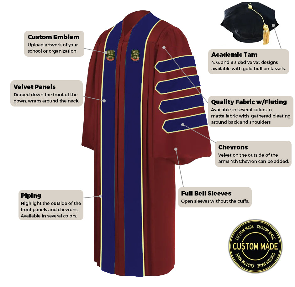 Quality Academic Doctoral Graduation Regalia for sale, such as doctoral robe,  PhD gown, graduation hood, and tam